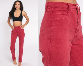 Petit jean taille haute en denim rouge limite des annees 90 26 po. Jean mom doux vintage a jambe fuselee Etsy France
