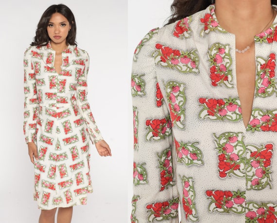 70s Floral Dress White Mod Midi Dress Long Sleeve V Neck High Waisted Retro Flower Stamp Print Garden Hippie Vintage 1970s Extra Small xs