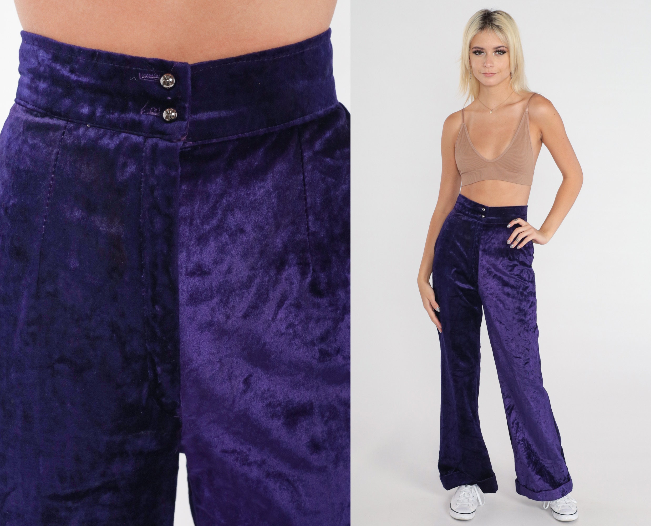 Vintage 60's/70's Hippie Mod Purple Crushed Velour Velvet Boot Cut Pants  med.