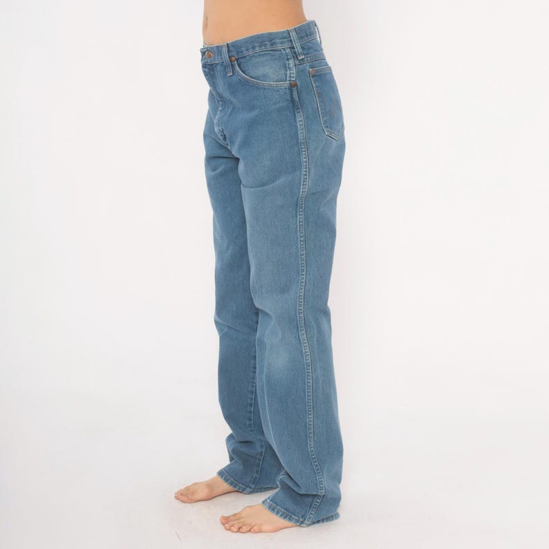 Wrangler Straight Leg Jeans 90s Blue Denim Pants Western Cotton Mid Rise Faded Wash Vintage Trouser Relaxed Fit Medium 34 x 36 image 9