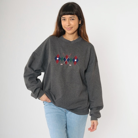 90s Golf Sweatshirt Charcoal Grey Embroidered Argyle Golfing Sports Retro Crewneck Sweater Vintage 1990s Extra Large xl