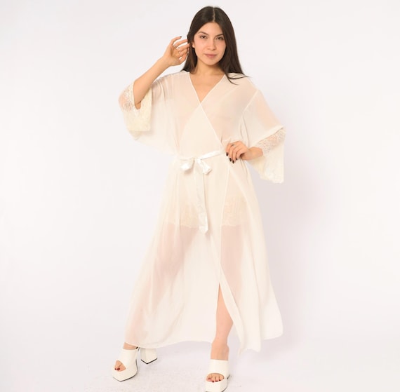 90s Sheer White Robe Lace Trim Bell Sleeve Long Kimono Wrap Tie Waist Dressing Gown Bridal Lingerie Coquette Boudoir Sleepwear Extra Large