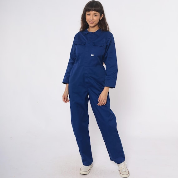 Y2K Blue Coverall Utility Jumpsuit Workwear Long Sleeve Zip Front Elastic Waist Chest Pockets Gorpcore Boilersuit Vintage One Piece Medium M