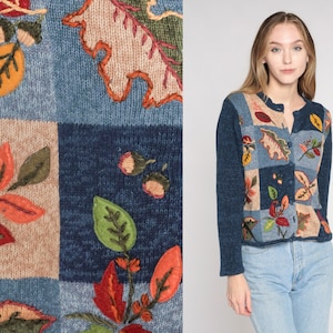 Fall Leaves Cardigan Y2k Blue Button up Knit Sweater Autumn Leaf Botanical Print Embroidered Color Block Cotton Ramie Vintage 00s Small S