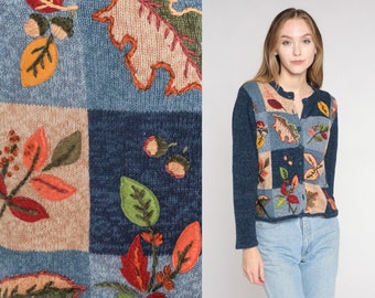 Fall Leaves Cardigan Y2k Blue Button up Knit Sweater Autumn Leaf Botanical Print Embroidered Color Block Cotton Ramie Vintage 00s Small S