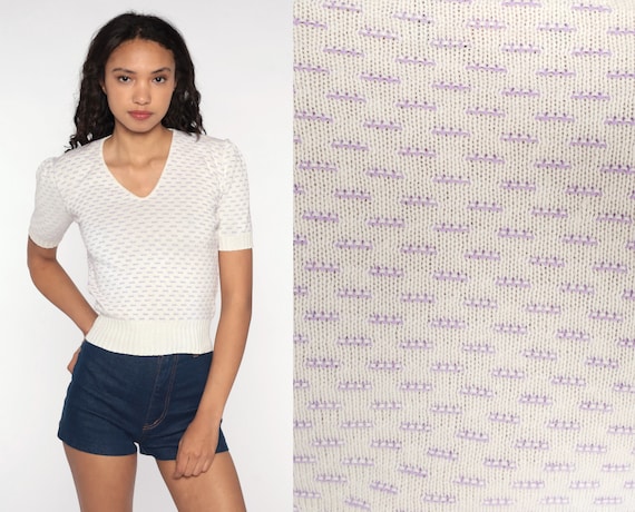 Knit Puff Sleeve Top 80s White Purple Shirt Boho Short Sleeve Sweater Top Bohemian Vintage 1980s 2xs xxs 2x