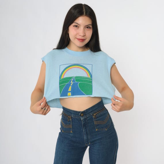 Rainbow Road Crop Top T Shirt Vintage 90s Blue Graphic Sleeveless Cut Off Cropped Tee Festival Summer Large L
