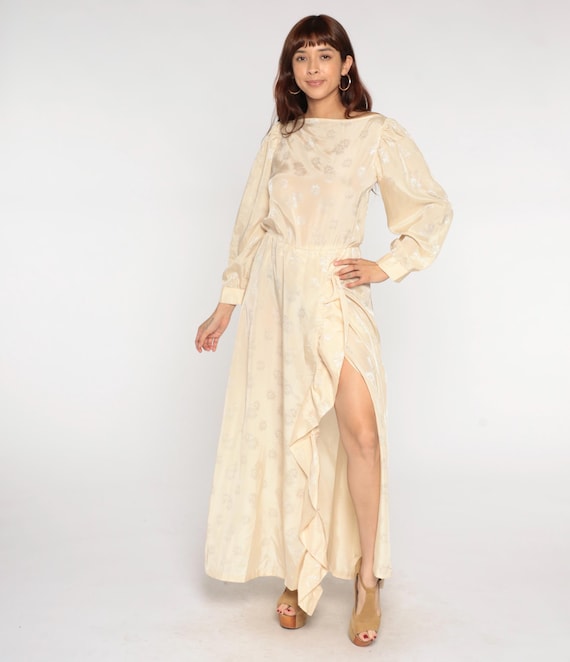 70s Embroidered Maxi Dress Cream Satin Ruffle Slit Wedding Guest Cocktail Party Dress Evening Gown Garden Party S Small M Medium