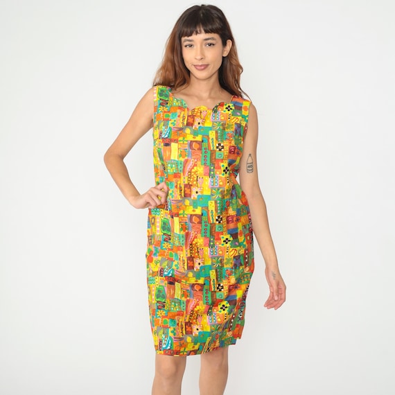 60s Psychedelic Dress Colorful Patchwork Print Shift Sleeveless Cotton Vintage Mod Bright Orange Yellow Green Blue Square Pattern Medium M