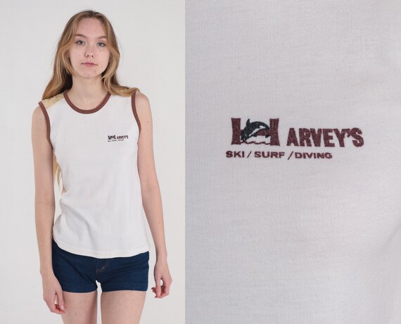 70s Tank Top White Ringer Tee Harvey's Ski Surf Diving TShirt Orca Whale Graphic Retro T Shirt Seventies Streetwear Vintage 1970s Small S