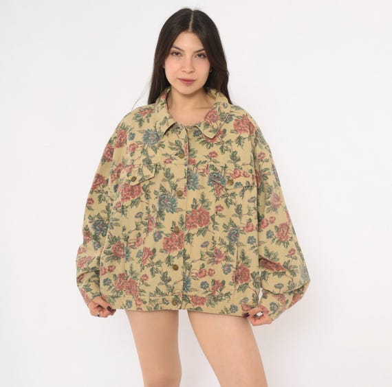 90s Woolrich Floral Denim Jacket Beige Cotton Canvas Pink Rose Print Chest Pocket Cottagecore Barn Coat Green Prairie Vintage Extra Large XL