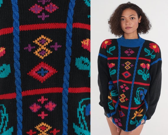 Checkered Floral Sweater 90s Pullover Cable Knit Sweater Black Geometric Flower Mock Neck Cotton Ramie Vintage 1990s Karen Scott Medium