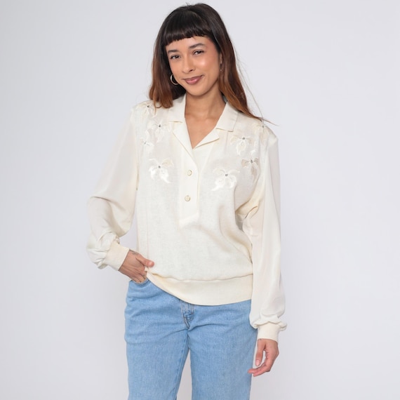 Vintage Ivory Rhinestone Blouse 80s Satin Back Knit Front Sweater Top Floral Appliqué Long Sleeve Button Up Pullover 1980s Large L