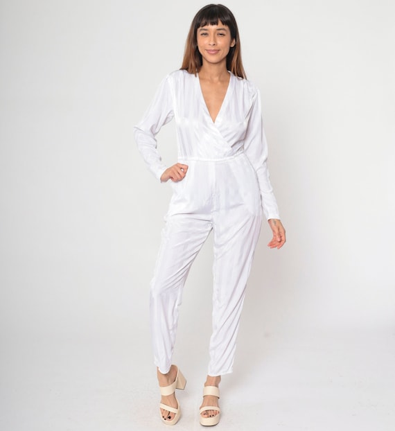 White Wrap Jumpsuit 80s Tapered Pantsuit Puff Sleeve Romper Pants Monochrome Stripe Retro V Neck Eighties Chic Vintage 1980s Small S