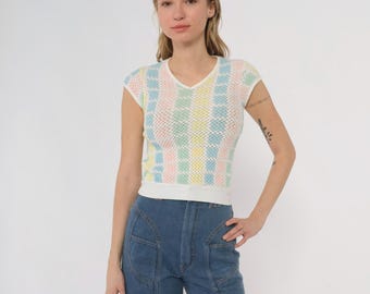 70s Pastel Crop Top Checkered Mesh Knit Soft Girl Kawaii V Neck Cap Sleeve Pink Blue Yellow Mint Vintage Cute Gingham Tee Small S