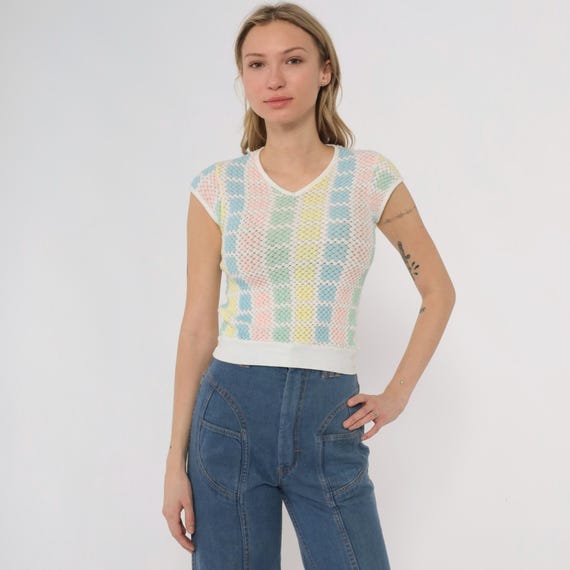 70s Pastel Crop Top Checkered Mesh Knit Soft Girl Kawaii V Neck Cap Sleeve Pink Blue Yellow Mint Vintage Cute Gingham Tee Small S