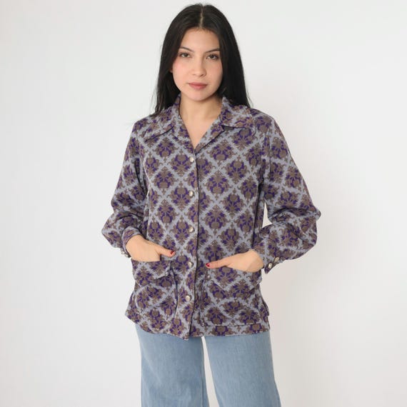 Vintage 70s Geometric Blouse Damask Print Disco Top Bohemian Shirt Op Art 1970s Hippie Purple Long Sleeve Button Up Boho Retro Medium M