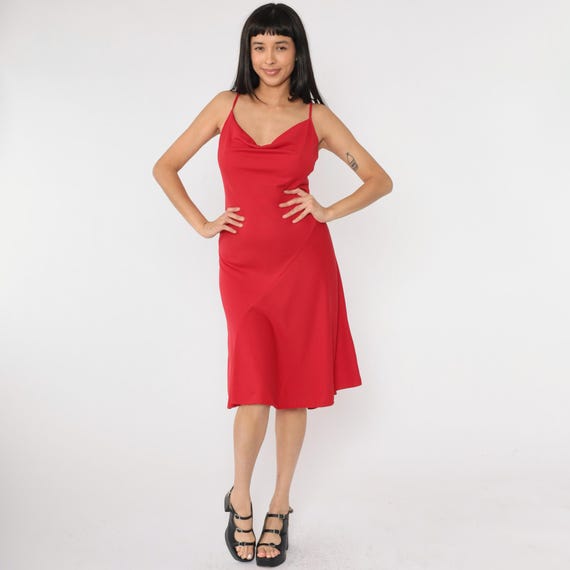 Y2K Party Dress Red Cowl Neck Sleeveless Spaghetti Strap Midi Cocktail  Tight A-line Fit and Flare Sexy Evening Vintage 00s Medium 10 - Etsy