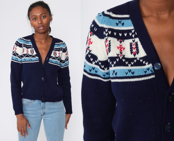 Fair Isle Cardigan Sweater 70s Sweater Boho Icelandic Sweater