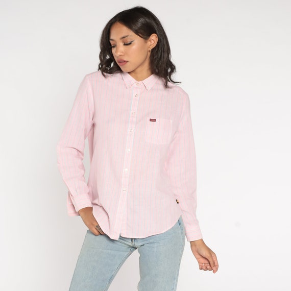 Striped Sasson Shirt 90s Pink Blue Button Up Top Long Sleeve Chest Pocket Collared Blouse Preppy Professional Vintage 80s Extra Large xl