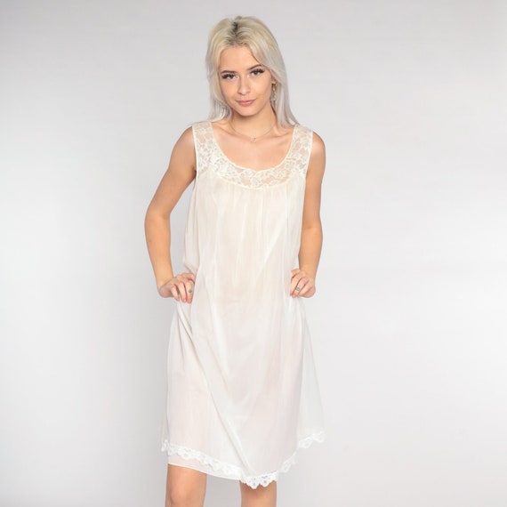 Off-White Nightgown 70s Lingerie Mini Dress Lace Babydoll Slip Pinup Nightie Tent Trapeze Retro Seventies Boho Nylon 1970s Vintage Medium M