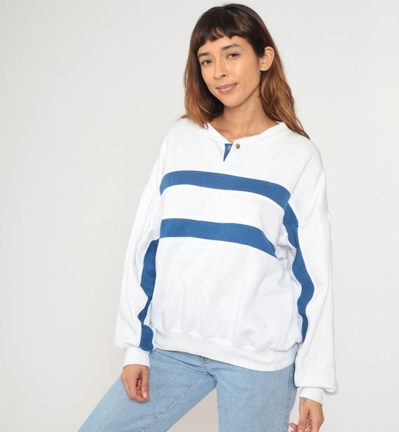 80s Pullover Sweatshirt White Blue Striped V Notch Button Neck Cotton Relaxed Fit Drop Shoulder Crewneck Casual Streetwear Extra Large XL