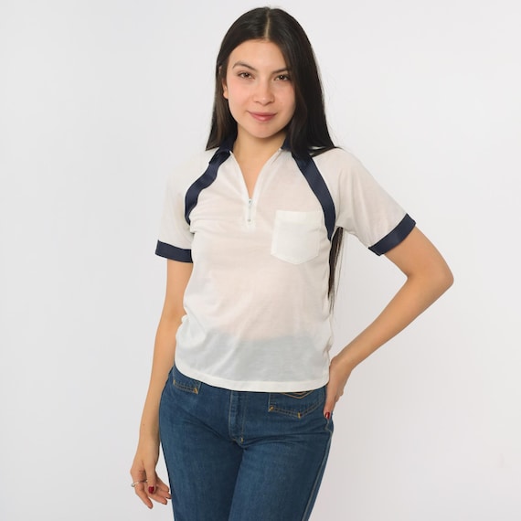 Vintage White Zip Up Polo Shirt 80s Striped Navy Blue Collared Shirt Short Sleeve Retro Preppy Nerd Basic Plain 1980s xxs 2xs
