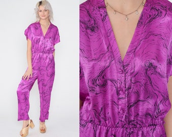 Purple Jumpsuit 80s Shiny Tapered Pantsuit Marble Swirl Print One Piece Romper Pants Short Sleeve V Neck Party Retro Vintage 1980s Small S
