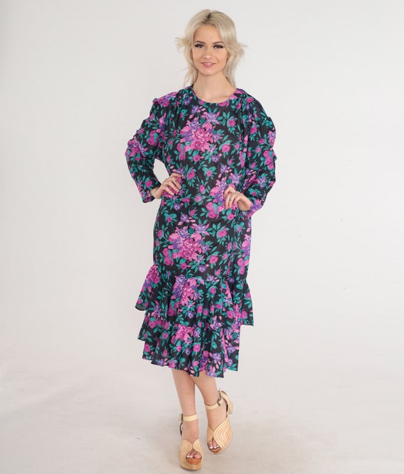 Ruffled Floral Dress 80s Midi Dress Long Puff Sleeve Tiered Pink Purple Rose Flower Print Flounce Garden Party Vintage 1990s 24 3xl xxxl