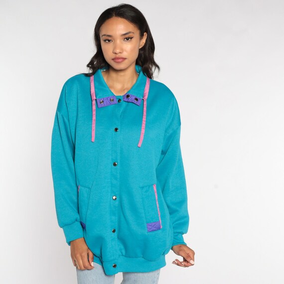 Turquoise Windbreaker Jacket 80s Sweatshirt Jacket Blue Pink Cotton Blend Jersey Vintage 1980s Snap Up Small Medium Large