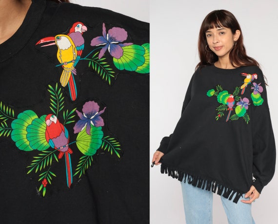 Tropical Bird Sweatshirt Black Fringe Shirt 90s Sweatshirt Graphic Parrot Print Long Sleeve 1990s Sweatshirt Toucan Vintage Extra Large xl