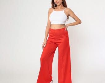70s Red Wide Leg Flared Pants Vintage Retro High Rise Waisted Pants Mod Seventies 1970s Textured Small Medium