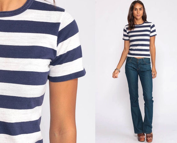 Striped TShirt Paper Thin Shirt 80s T Shirt Blue White Burnout Tee Munsingwear Retro Vintage Ringer Shirt Minimalist 1980s Extra Small xs