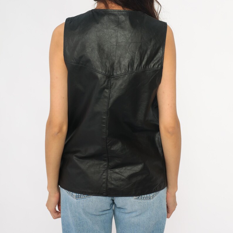 Black Leather Vest 90s Sleeveless Waistcoat Vintage Dark Academia Minimalist Collared Pockets Menswear Moto Punk Grunge Alt Extra Large XL image 8