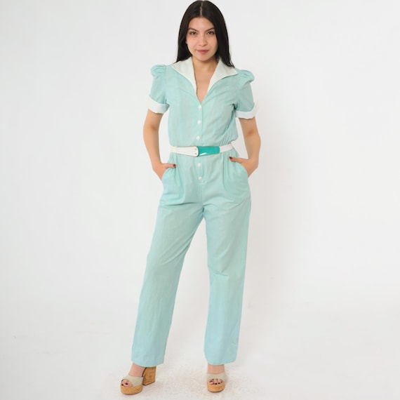 Vintage 80s Aqua Striped Jumpsuit Puff Sleeve Tapered Jumpsuit High Waisted One Piece Button Up Pantsuit Romper Pants 1980s Extra Small xs