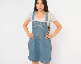 90s Denim Shortalls Cherokee Blue Jean Overall Shorts Star Embroidered Bib Cotton Overalls Baggy Workwear Dungarees Romper Extra Large XL