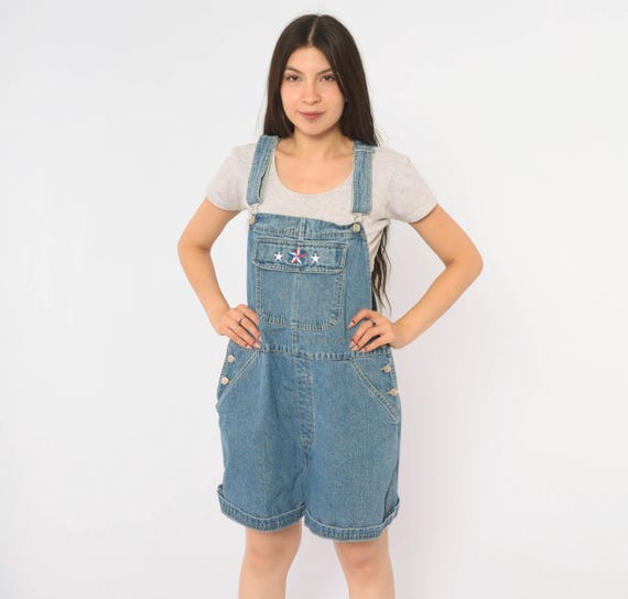 90s Denim Shortalls Cherokee Blue Jean Overall Shorts Star Embroidered Bib Cotton Overalls Baggy Workwear Dungarees Romper Extra Large XL
