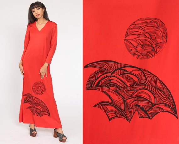 Red Graphic Dress 70s Mod Maxi Abstract Print 1970s Boho Hippie Vintage V Neck Long sleeve Bohemian Medium