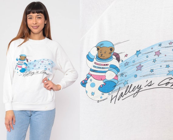 Vintage Halley's Comet Sweatshirt 80s Teddy Bear Astronaut Outer Space Sweatshirt Vintage Galactic Sweater Raglan Sleeve 1980s Large L