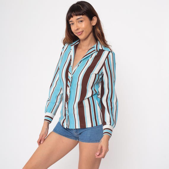 70s Striped Blouse Turquoise Brown White Vertical Pattern Button Up Collared Shirt Long Sleeve Retro Polyester Disco Mod Vintage Top Small S
