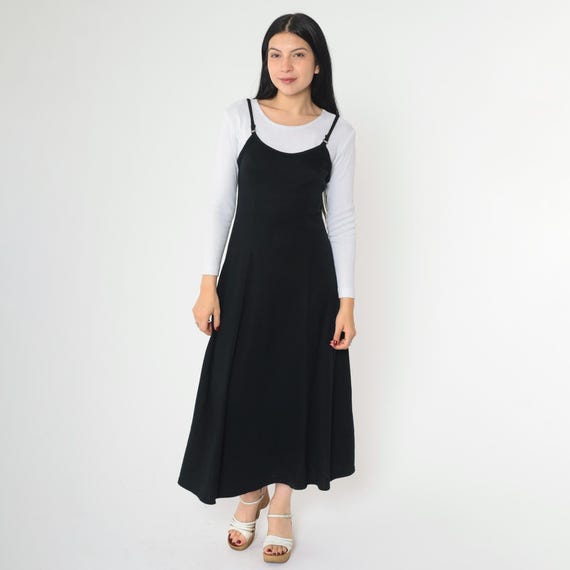 Vintage 90s Twofer Tank Dress Black Midi Attached White Shirt Lace-Up Back Grunge Minimalist Sleeveless Jumper Layered One Piece 1990s Small