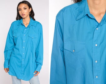 Pearl Snap Shirt Blue Western Shirt 70s Shirt Long Sleeve Vintage 1970s Button Up Retro Plain Oxford Shirt Men's Large