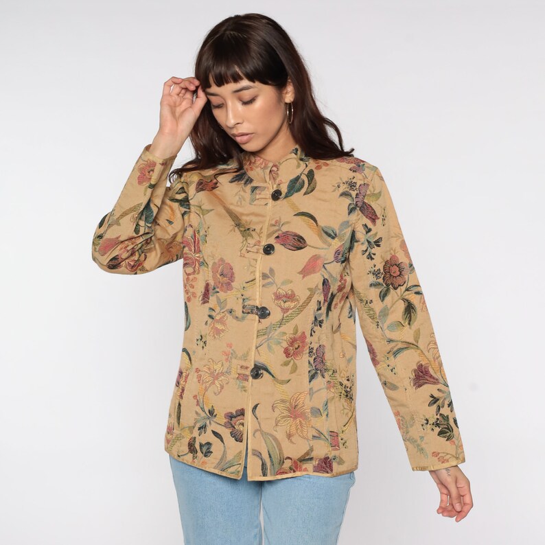 Floral Tapestry Jacket Tan Boho Y2K Hippie Garden Shirt Bohemian Toggle Button Up Mandarin Collar Retro Light Jacket Extra Small XS image 3