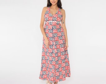 Vintage Floral Maxi Dress 70s Halter Neck Sundress Red Blue Patchwork Sun Dress Cottagecore Bohemian High Waist Hippie 1970s Small S