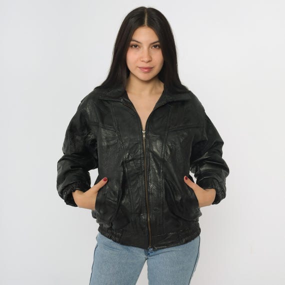Vintage Black Leather Jacket 80s 90s Patchwork Bomber Jacket Zip Up Biker Moto Coat Motorcycle Cafe Racer Rocker 1990s Women's Large