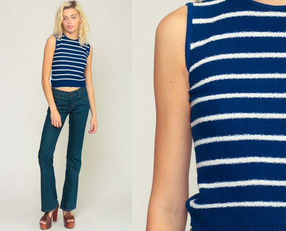 Knit Tank Top 70s Shirt Crop Top Sweater Top Striped Shirt Boho Shirt Retro Shirt Dark Blue Vest Bohemian 1970s Vintage Small