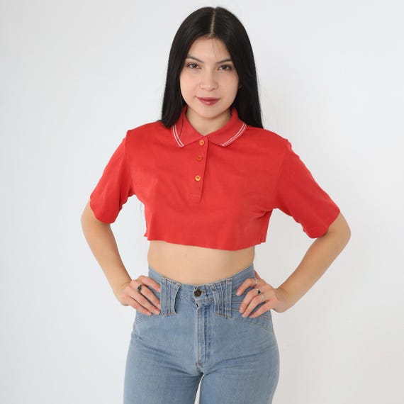 Vintage Polo Crop Top 80s Red Raw Hem Cutoff Shirt 1980s Hipster Retro Tee Short Sleeve Shirt Cougar Golf Small S