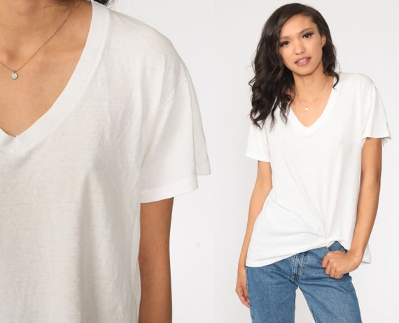 White TShirt 80s Shirt Plain Tshirt Vintage V Neck