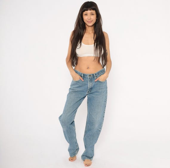 Wrangler Straight Leg Jeans 90s Light Wash Denim Cotton Blue Faded Stonewash Relaxed Fit Jean Unisex Vintage Pants Trousers 32x34 Medium M