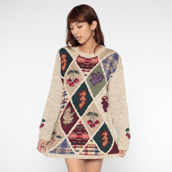 Fall Knit Sweater 90s Cream Embroidered Diamond Pattern Cherry Leaf Botanical Cottagecore Autumn Grandmacore Crew Neck Long Sleeve Small S 4